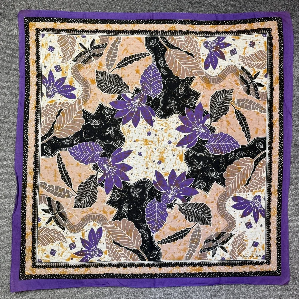 Oscar de la Renta Vintage Silk Scarf Purple Floral Batik Print Square Large 30in